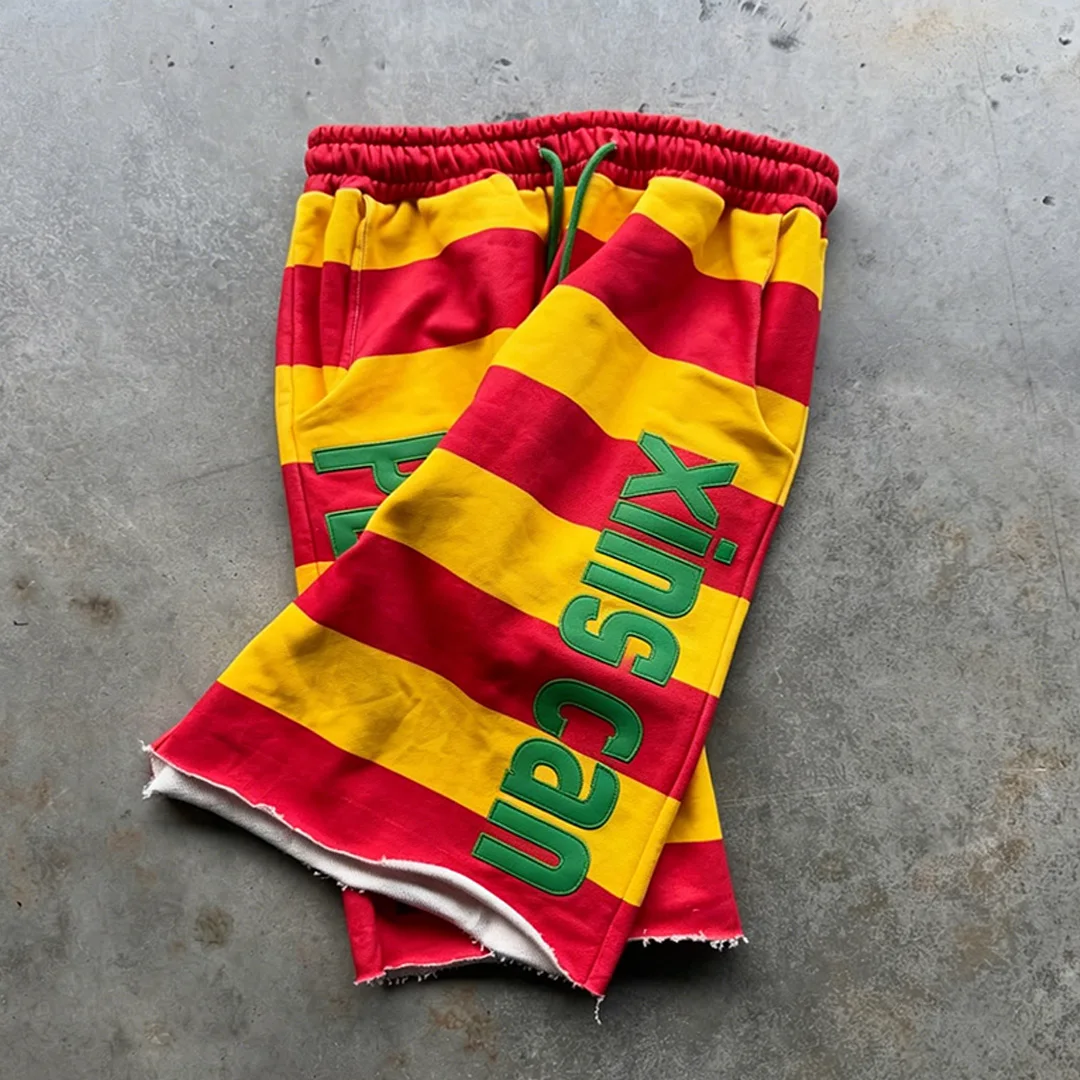 Pánské americké streetwearové barevně dělené sportovní šortky, těžký bavlněný materiál, surový okraj hemu, vyšívání a potisk přizpůsobitelné