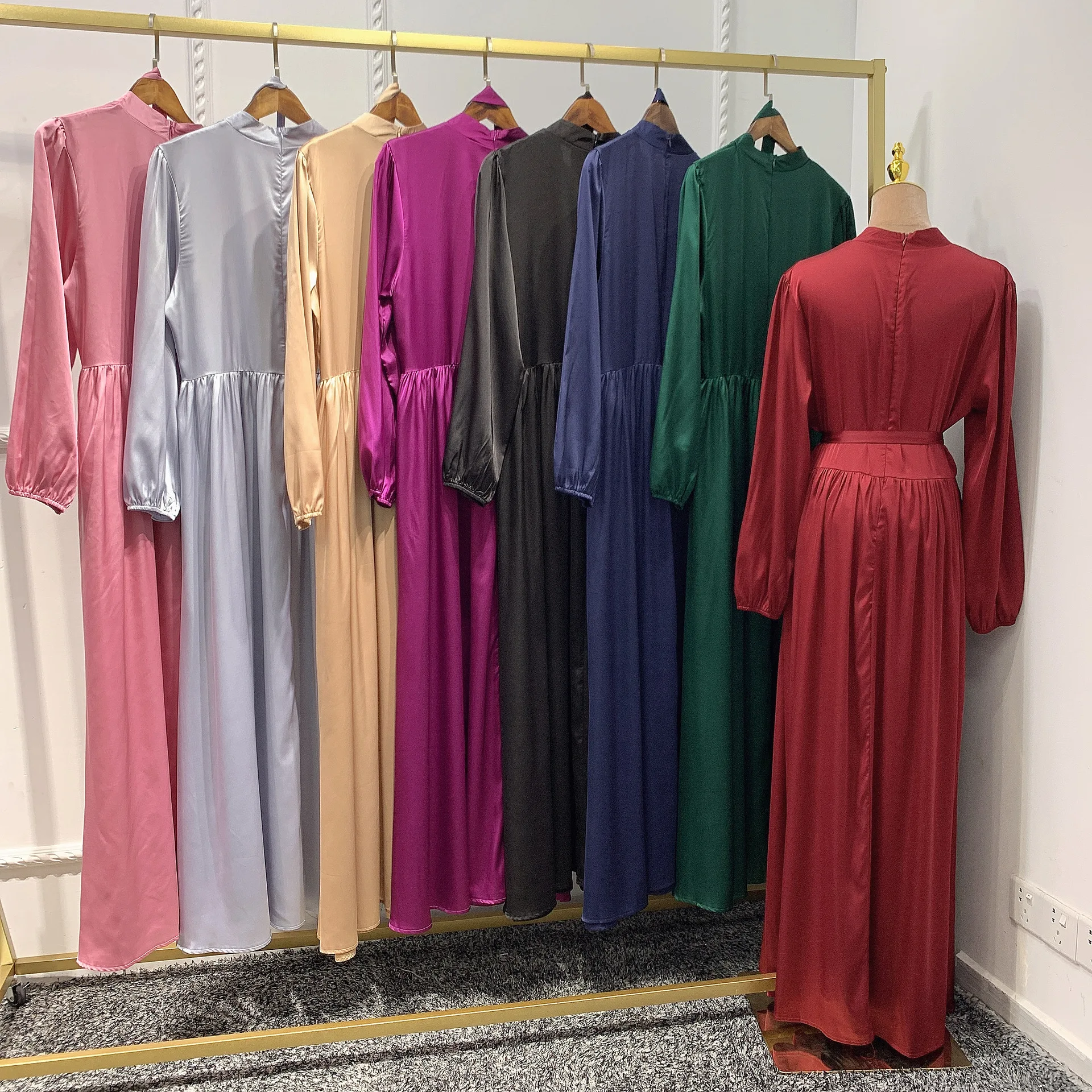 Solid Color Luxury Islamic Satin Dresses Women Muslim Abaya Modest