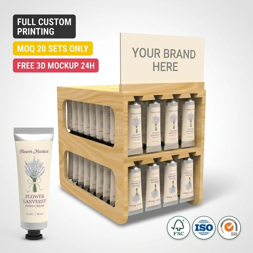 Custom Wood Skincare Display Stand Gravity Fed Auto Feed Cosmetic Rack 2 Tier Countertop Hand Cream Organizer Boutique Pharmacy Retail Merchandiser POS Stand for Serum Essential Oil Lip Balm Tubes FSC Wood Manufacturer OEM ODM