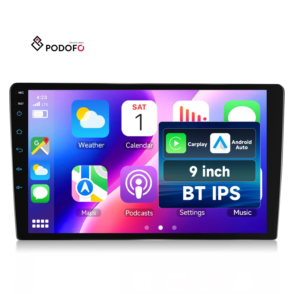 Podofo 2 Din 9'' Wireless CarPlay/Android Auto Car Radio IPS Touch Screen Car Stereo BT Car MP5 Player OEM/ODM Services/Factory A4584