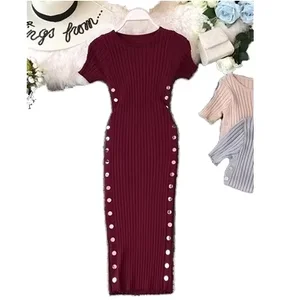 Winter Vintage Style Women's O-Neck Dress Slim Fit Sheath Midi-Length Empire Hip Wrap Double Row Buckles Knitted for Ladies