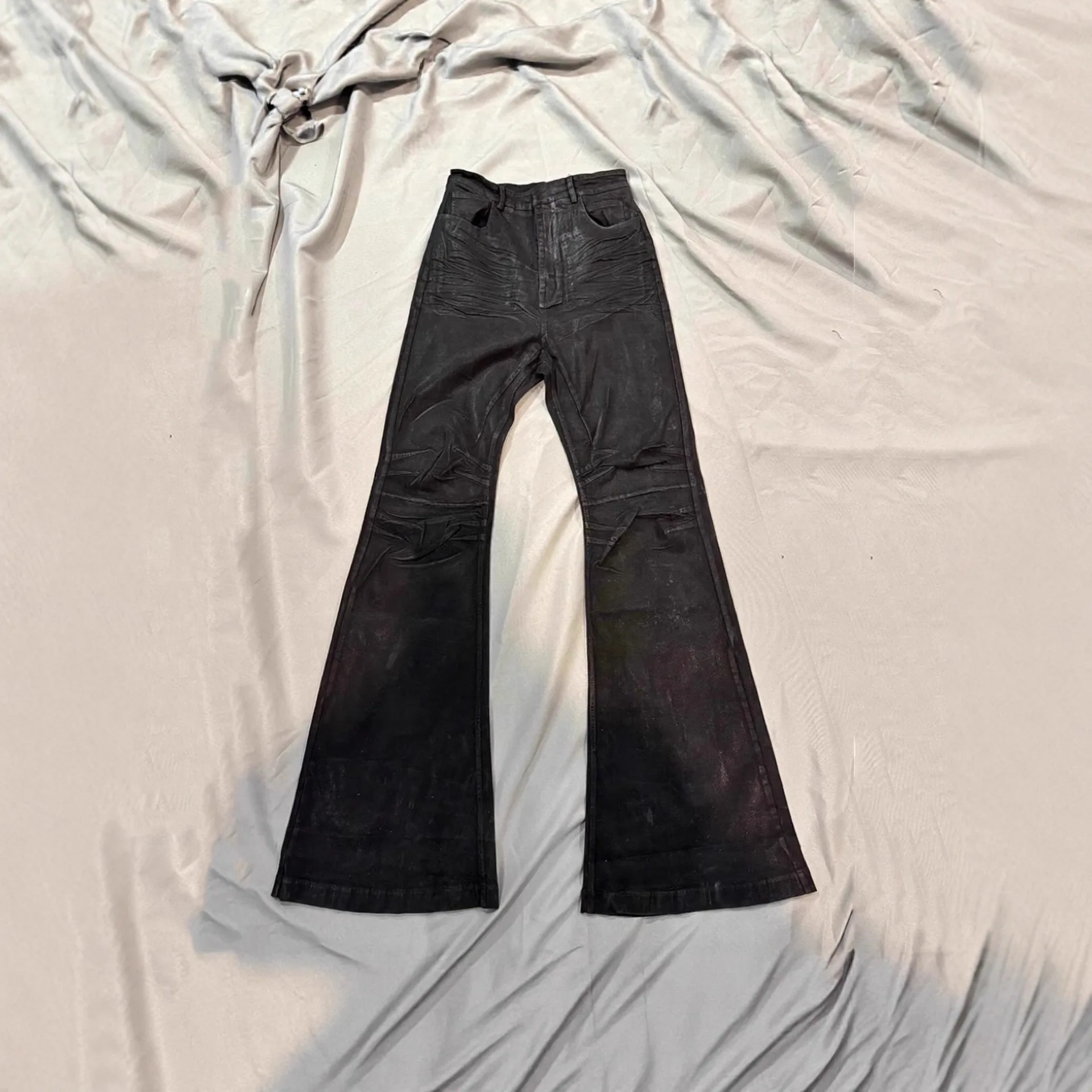 American High Street Vibe Style Niche Handmade Washed Denim Brushed Wax Coating Slim Flared Stretchy Straight Trousers Men