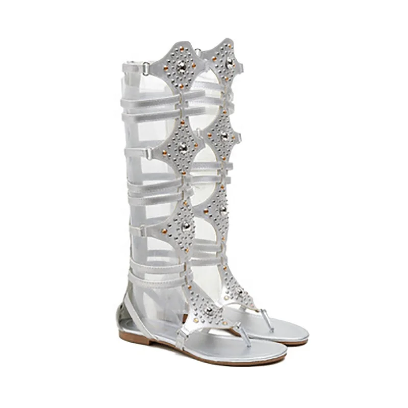 2025 New Fashion Summer Women Thong Flats Sandal Shoes Luxury Woman Rivet  Custom Knee High Gladiator Roman Flat Sandals