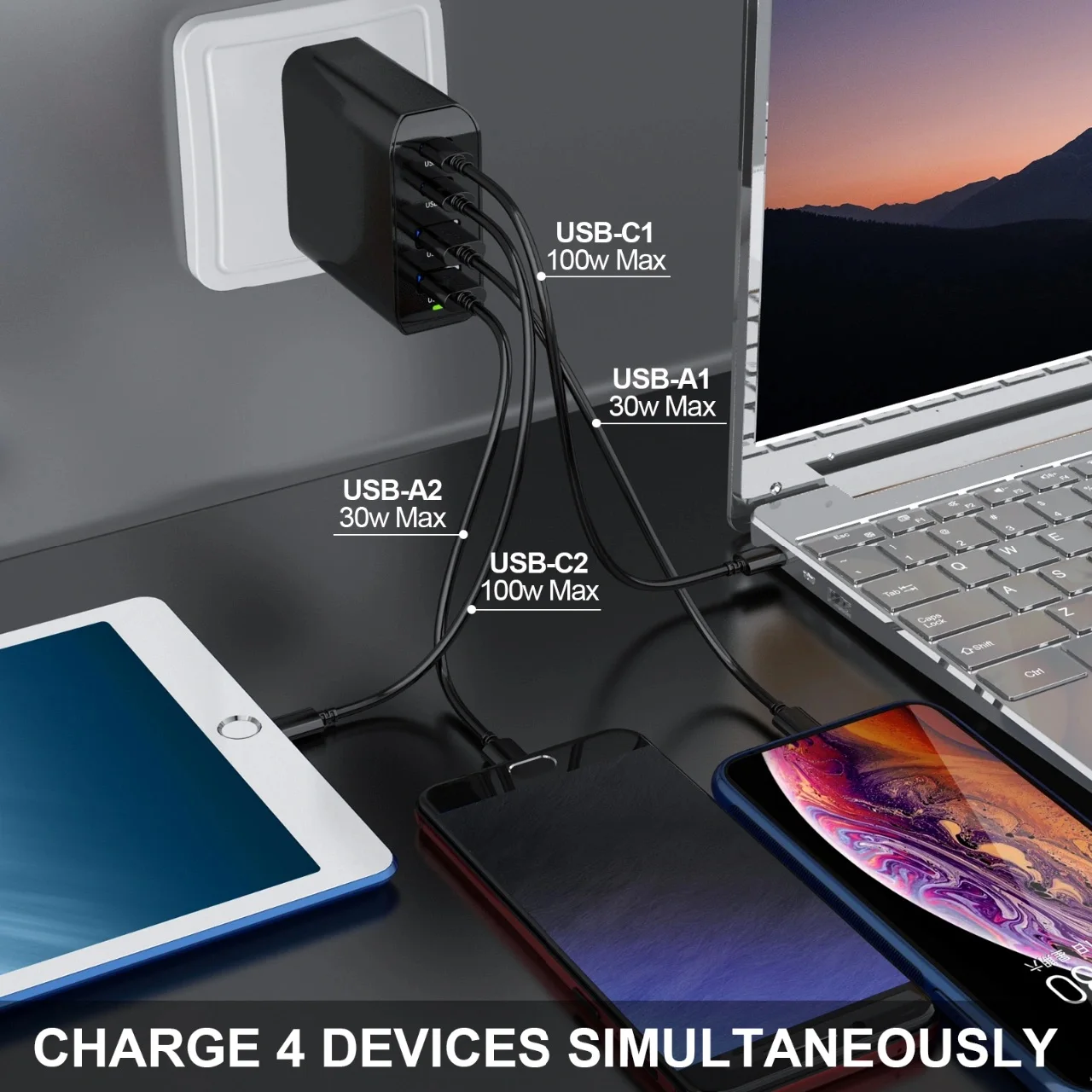 UGREEN 100W USB C Multiport Charger - 4-Port USB Charging Station GaN Fast Charger Power Adapter Compatible For MacBook Pro/Air, IPad Pro, IPad Mini 6, Dell XPS, Galaxy S21/S20, IPhone 13/13 Pro