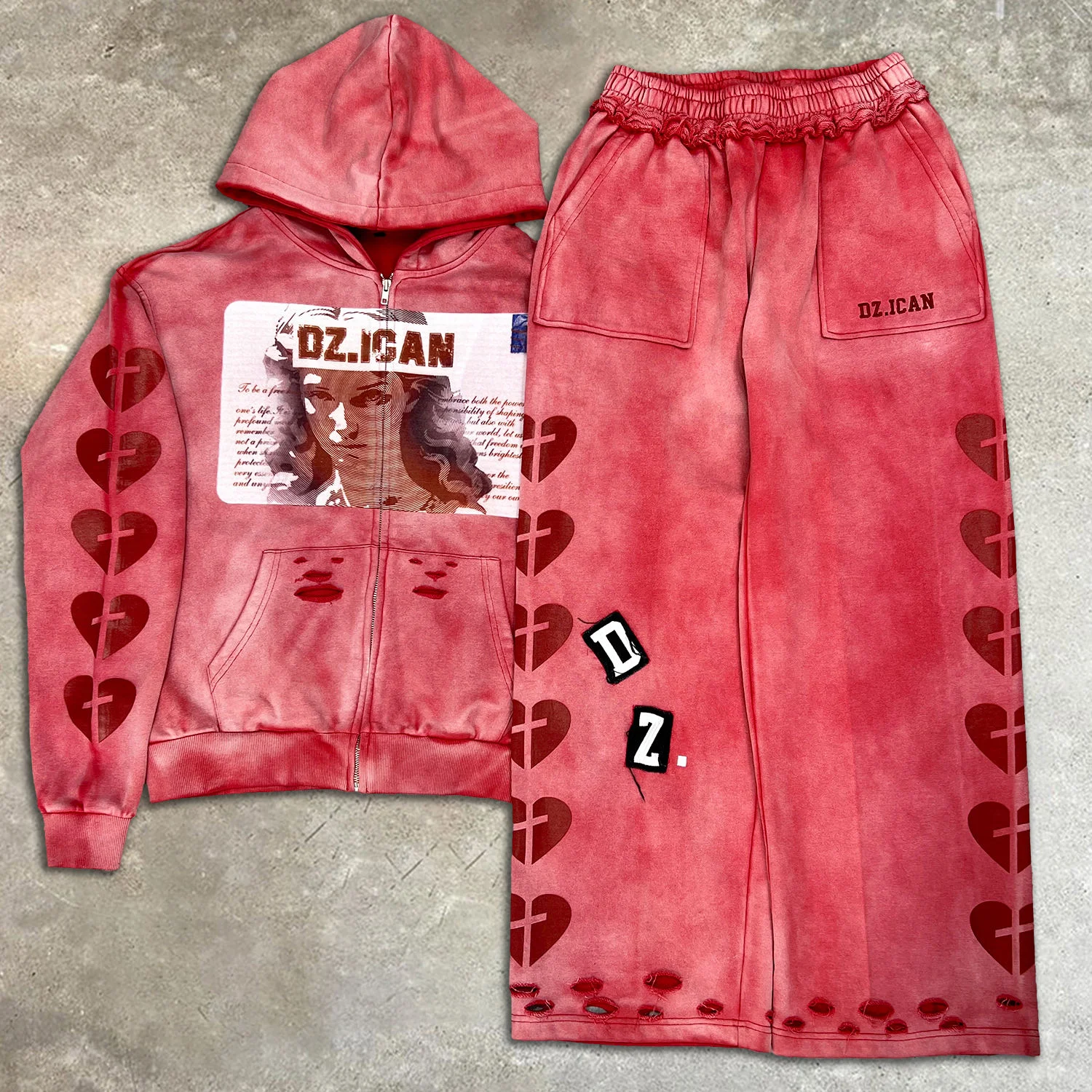 Custom Heavyweight Acid Wash Sun Faded Rhinestone Double Zipper Cropped Hoodie Streetwear Tracksuits Sweatpants and Hoodie Set gallery 7