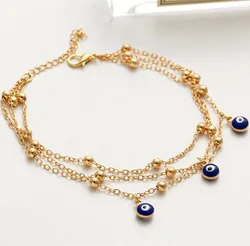 Fashion 2021 Wholesale Three Layer Chain Blue Eye Bead Anklet Turkey Evil Eyes Anklet for Women