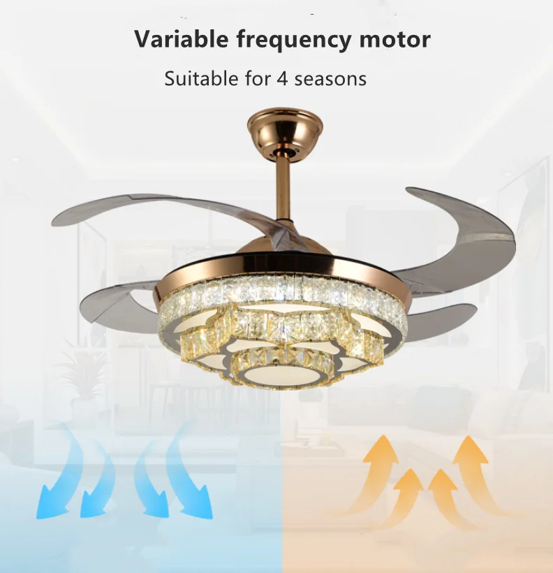 42inch  ceiling fans with light crystal led chandelier fixture retractable blades remote control led ceiling fan