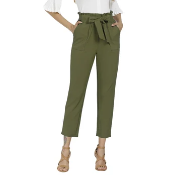 Women's Fashion 2024 Pants Casual Trouser Paper Bag Pants Elastic Waist Slim Pencil Pants with Pockets