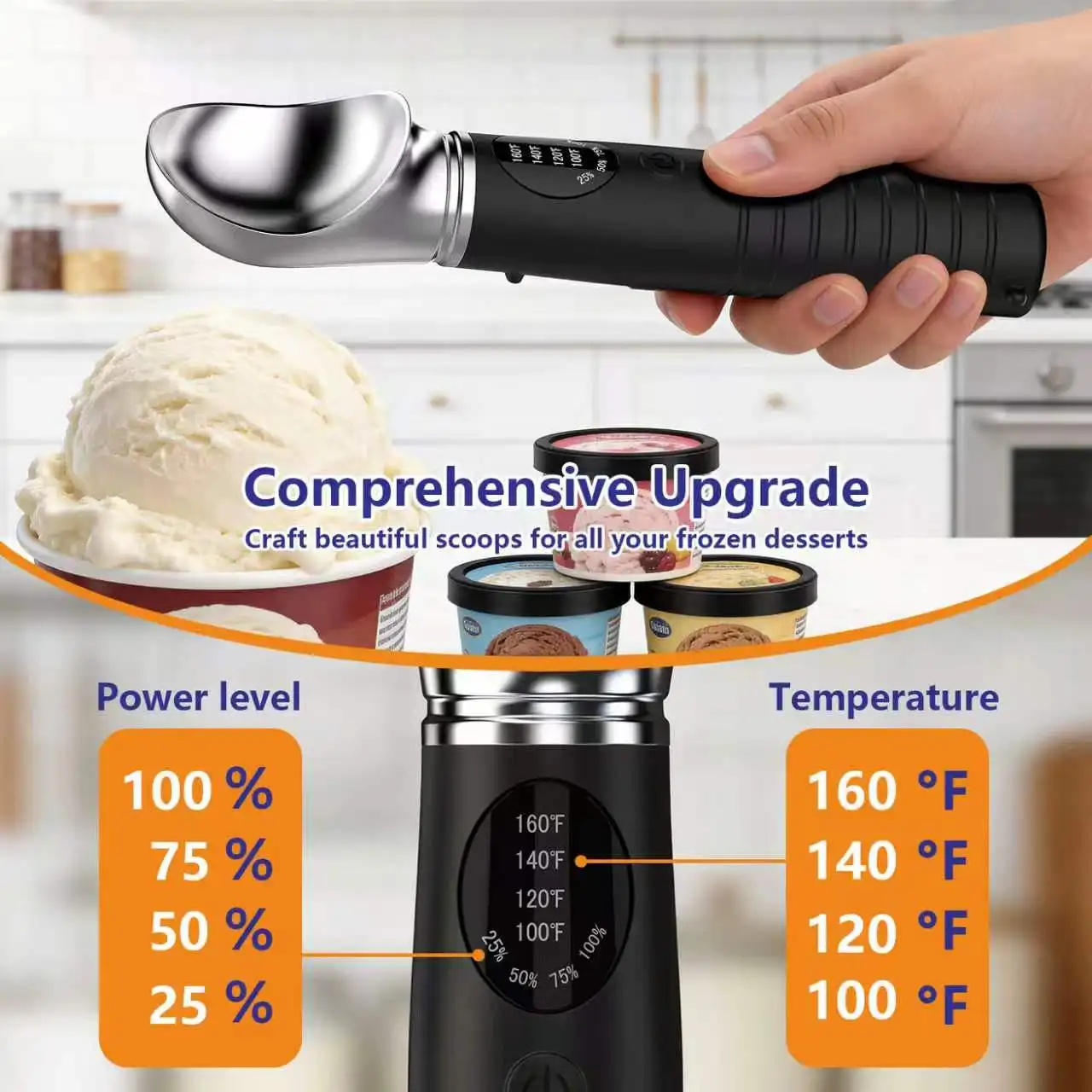 LED Heated Metal Ice Cream Scoop 4-Speed Temperature Control IP67 Waterproof Rechargeable Easy Use for Home & Business
