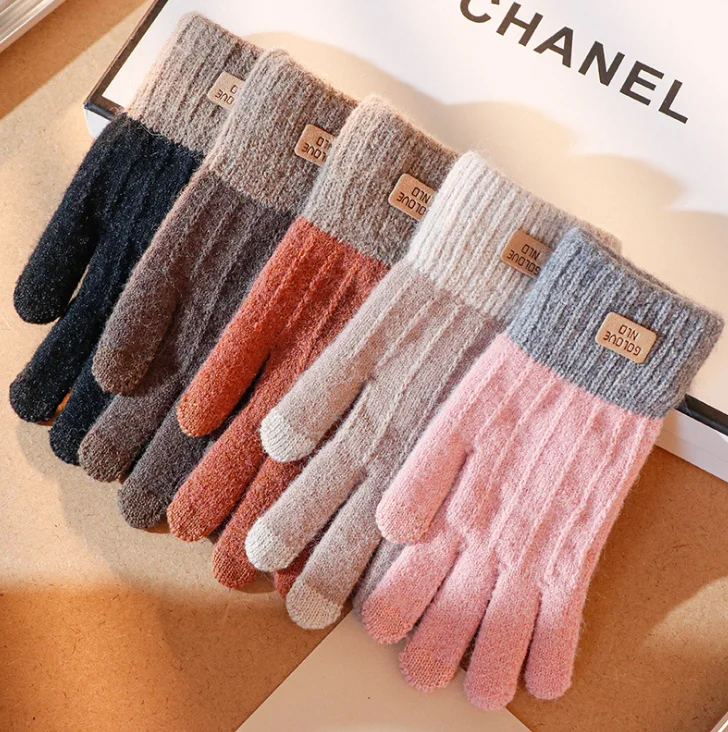 Зимние женские варежки, акриловые шерстяные вязаные перчатки с пятью пальцами для вождения сенсорных экранов