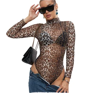 Baimu New Arrival Attractive Women's Nightwear Leopard Print Sexy Lingerie Skinny Fit Breathable Summer Long-Sleeved Turtleneck