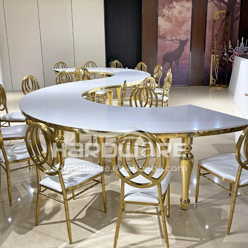S Shape Gold Stainless Steel Frame Mdf Top Turkish Dining Wedding  Serpentine Table Luxury