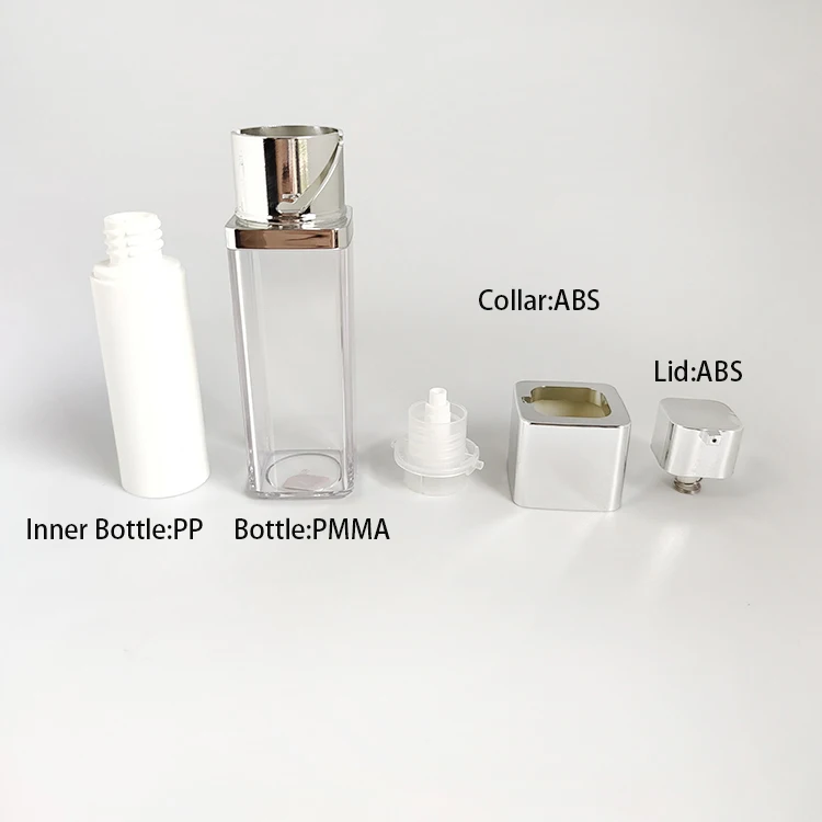 Custom Color Square Rotary Quadrangular Vacuum Airless Pump for Drunk Elephant 15ml 30ml 50ml Cosmetic Packaging Pump Sprayer