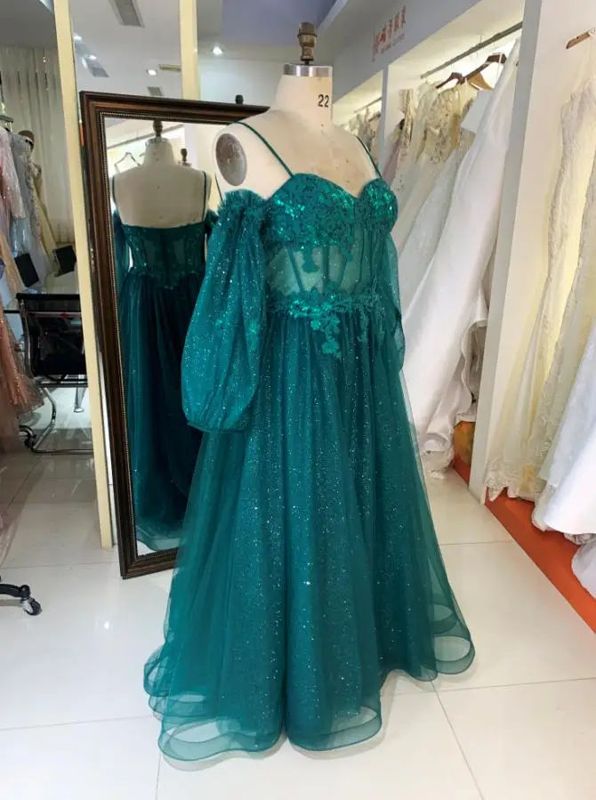 Plus Size Emerald Green Long Puff Detachable Sleeve a Line Glitter Tulle Embroidered Prom Evening Dresses for Women Plus Size Emerald Green Long Puff Detachable Sleeve a Line Glitter Tulle Embroidered Prom Evening Dresses for Women