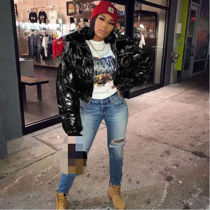 
 Блестящее укороченное Женское зимнее пальто ярких цветов с длинным рукавом, пузырьковое розовое пальто, пуховик  