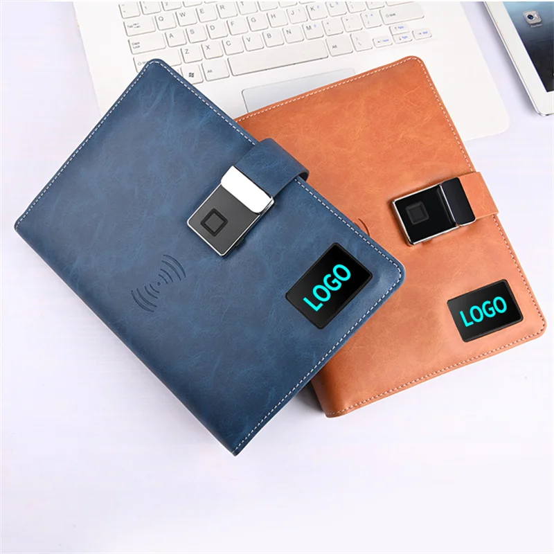 Design LED Logo Diary With Power Bank Fingerprint Lock Diary 2024 Hot Sales and New Travel Gift Leather Hardcover Password Lock