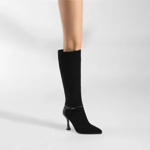 Moncheer Women's Black Knee-High Stiletto Boots Pointed Toe Slim Heel Elegant Dress Boots