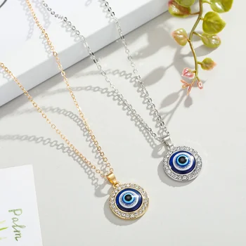 Hot Selling Gold Plated Turkish Blue Eye Pendant Necklace Paved Crystal Evil Eyes Necklace