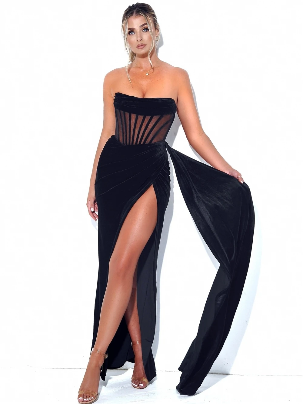 Customized High Split Luxury Satin Sexy Party Prom Dress Fashion Elegant Wrapped Chest Extra Long Women's Formal Evening Dresses