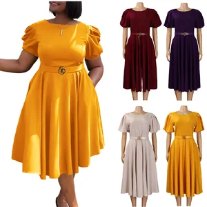 C8601 Latest Design Career Dresses Women Casual Elegant O Neck Puff Sleeve A-line Ladies Office Dress Church Dresses for Women