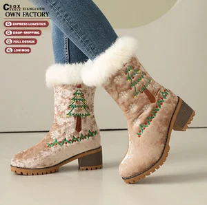 Women's Snow Boots Red Christmas Embroidered Thick Fur Lining Chunky Heel Thick Sole Slip-On Closure Short Boots Warm