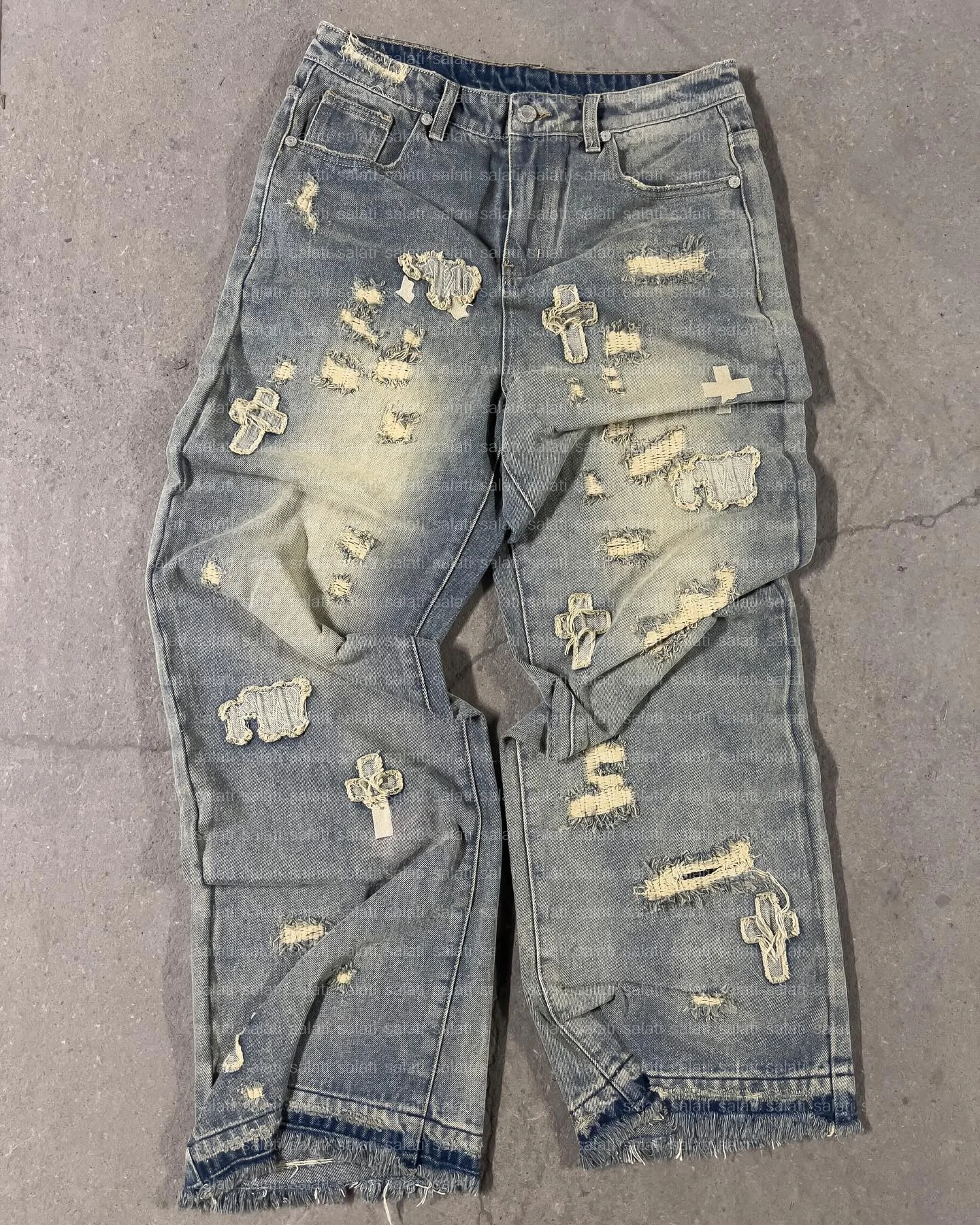 Custom Y2K Designer Man Skater Wide Leg Bootcut Ripped Embroidery Patched Distressed Washed Baggy Trousers Denim Jeans for Men gallery 6
