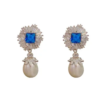 High Quality Vintage Luxury Royal Blue Cubic Zirconia Simulated Pearl Earrings Women's Trendy Wedding Party Brass Wholesale