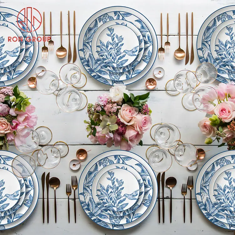 Wholesale customized vintage floral painting tableware royal bone china dinner set luxury dishes set plates sets dinnerware