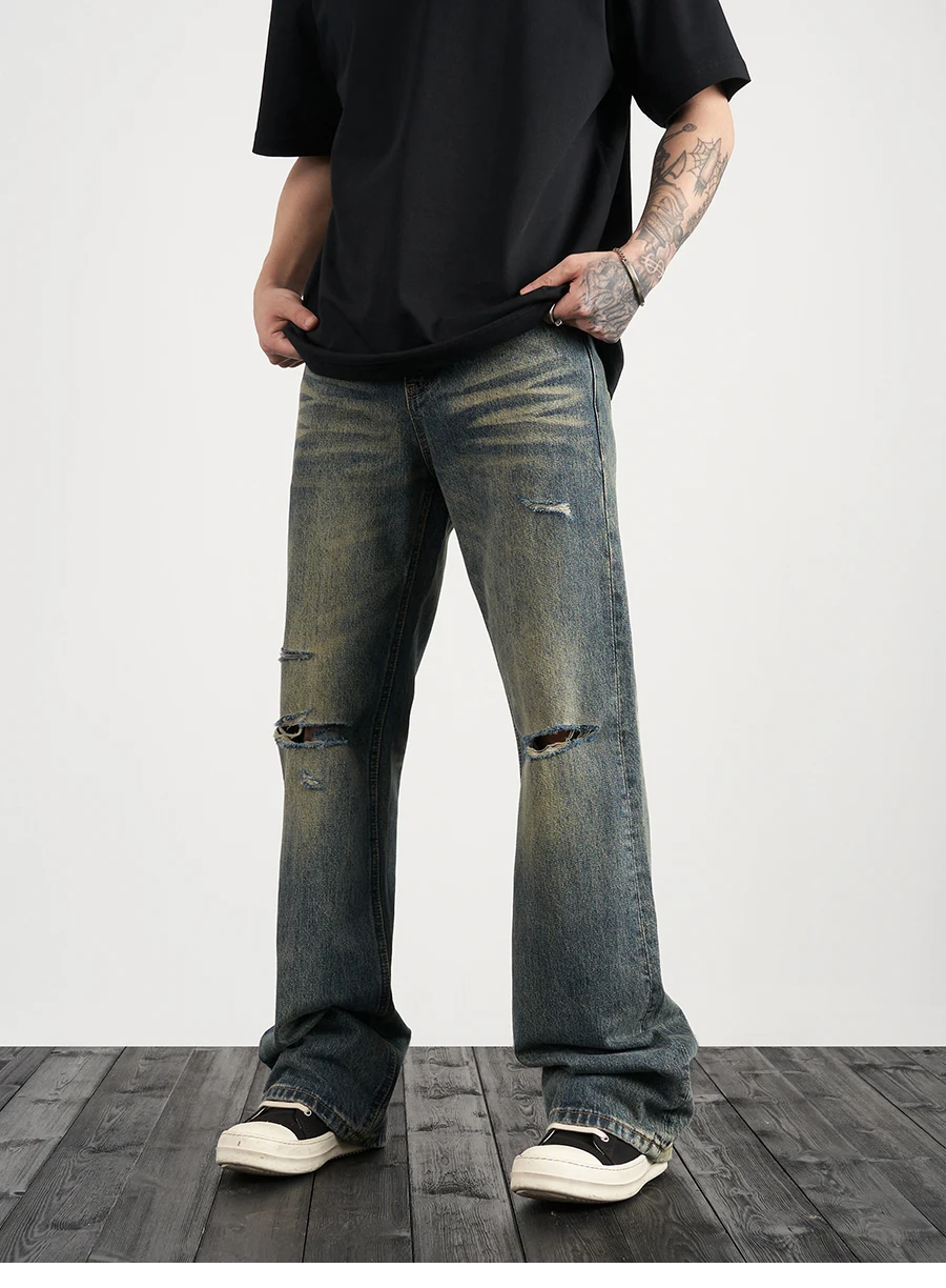 Etichetta personalizzata drop shipping street wear stock baggy produttore uomo blu dipinto impilato jeans denim svasati_voghion.com