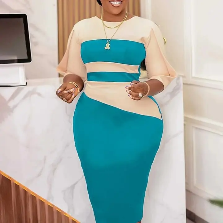 Latest Design Half Sleeve Contrast Color Elegant Dresses for Ladies Office Plus Size 3xl Women Formal Work Career Midi  Dresses