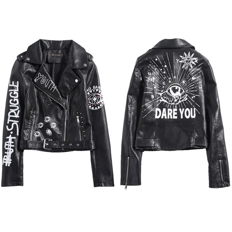 2021 Short Hip Hop Graffiti Fall Zipper Eye Dare You Faux Leather Womens Jackets