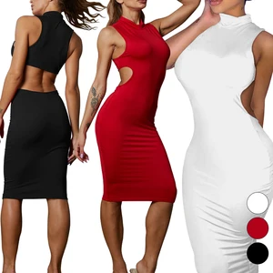 Stock Clothes Wholesale High Neck Sleeveless Hollow Out Sexy Dresses Women Night Club Dress