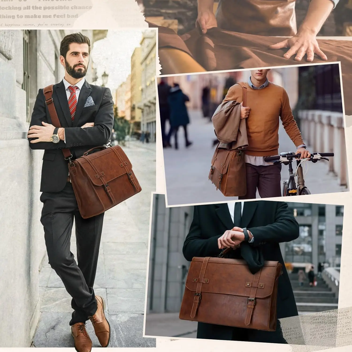 Messenger Bag 15 16 17 Inch Waterproof Vintage Leather Laptop Briefcase Large Satchel Bags with Shoulder Straps Business Style details