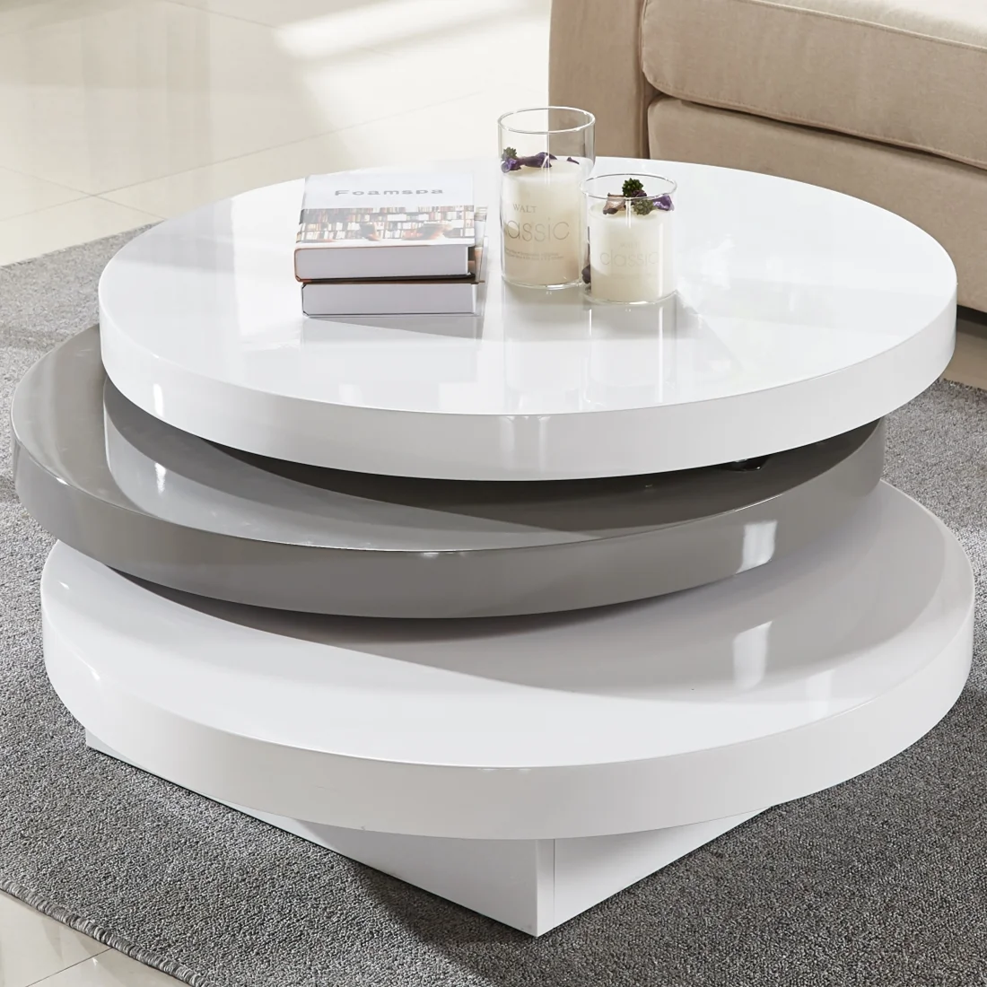 Hot Seller White High Gloss Mdf Rotatable Modern Round Coffee Table ...