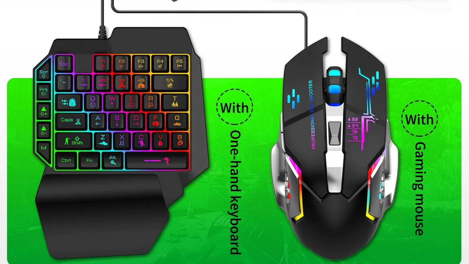 For Pubg Pc Fps Mobile Phone Gamer 4 In 1 Combo Pack Rgb Usb Wired One ...