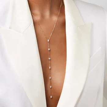 Gemnel latest fashion jewelry 925 silver 18k gold lariat long chain diamond women necklace