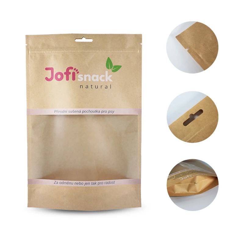 Biodegradable recycled brown and white kraft paper with translucent window ziplock stand up pouches dry food bag details