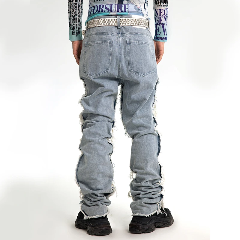 DiZNEW new style Ripped Patchwork Beggar men's jeans High Street Distressed Street wear Casual Straight anime jeans for Men factory