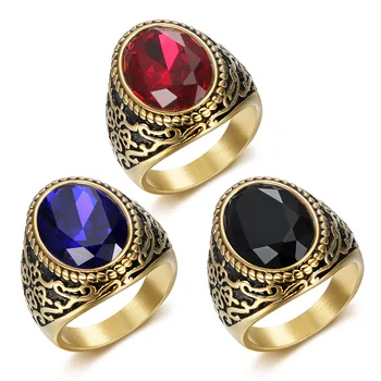 Customized Stainless Steel Punk Style Ring Masonic Men Vintage Rings Punk Ruby Agate Big Gemstone Finger Ring