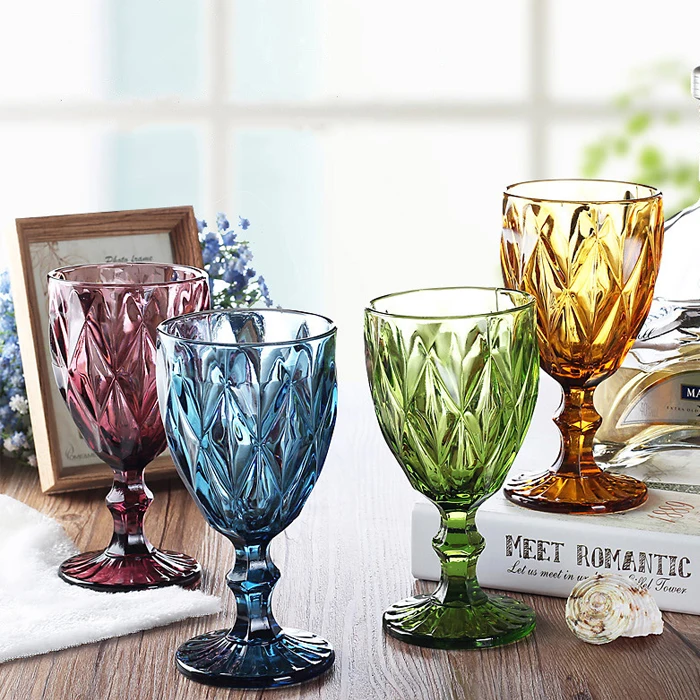 Fancy Goblet Set Antique Relief Colored Glass Stemware For Wine Buy