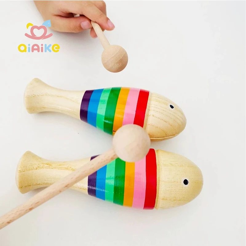 Wholesale Qiaike Shaker Sand Hammer Toy Wooden Fish Shaped Orff Percussion Instruments Maracas Hand Percussion Rattles
