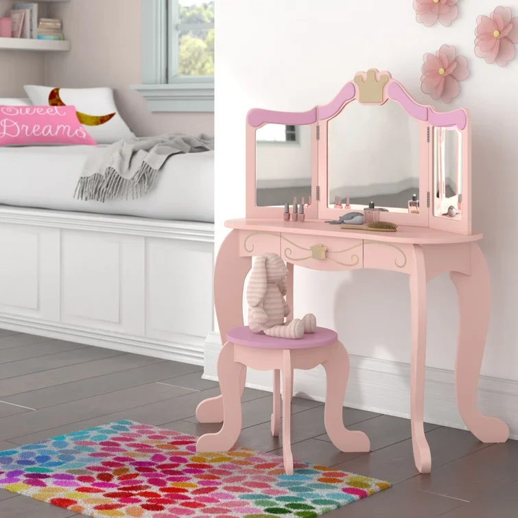 Ready to Ship Pink Kid Image Girl's Home Furniture Wooden Stool Mirror Dresser Desk Set Room Girls Bedroom Dressing Table