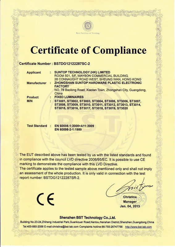 CE certificate of FIXED LUMINAIRES