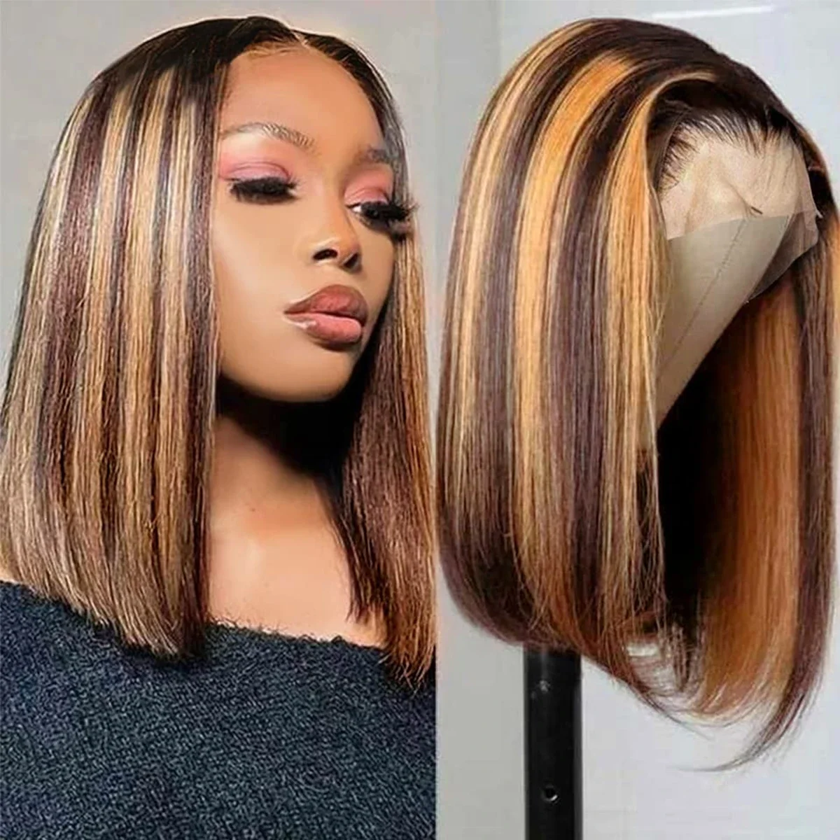 Bob-Perücke, Echthaar, T-Teil, Lace-Frontal-Perücke, P4/30, glatt, braun, Remy, 180 % Dichte, vorgezupftes Babyhaar_voghion.com