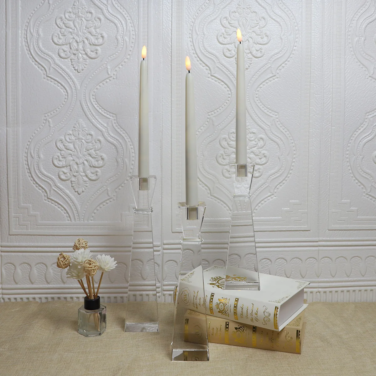 High quality glass candle holder decorations set of 3 long stem glass tealight candle holders supplier