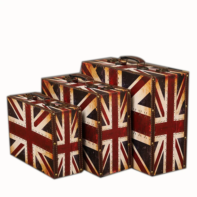 Cheap Europe Style 3 Piece Rustic British Flag Wooden Storage Box Set Antique Wooden Trunk  Storage case