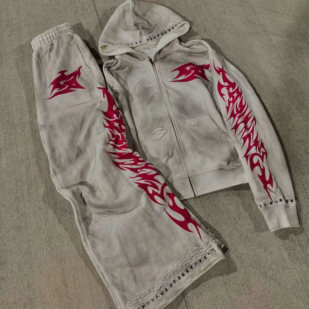 Custom Men Tracksuit Patch Embroidery Color Acid Washed Sweatpants Jogger Fit Vintage Baggy Fit Terry Men Fitness Hoodie Suit gallery 7