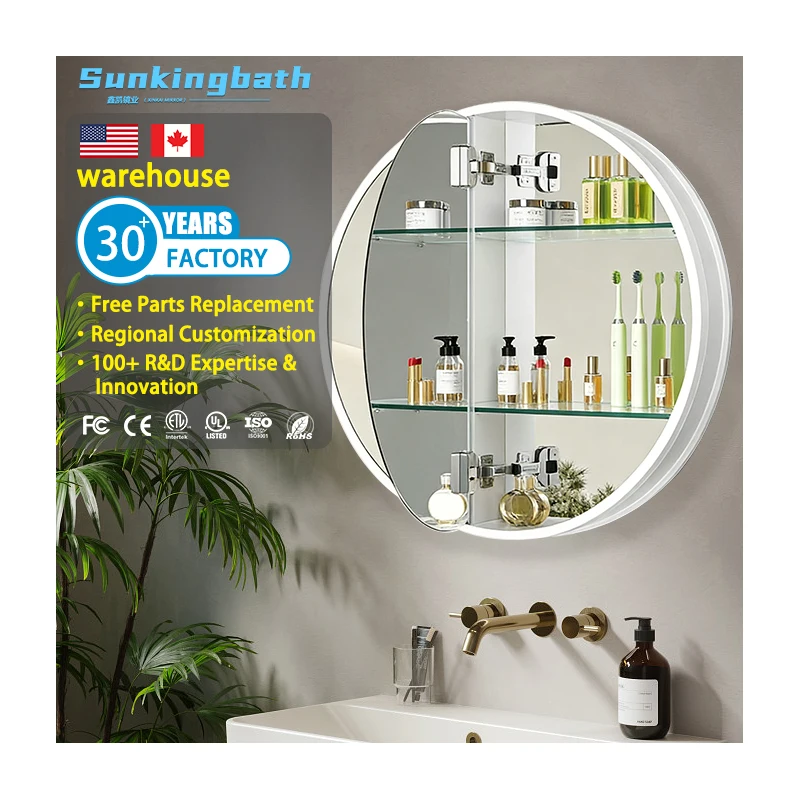Round 3 Color Lights Medicine Cabinet Anti-Fog Led Medicine Cabinet Defogger Cabinet Mirror with Lights for Bathroom