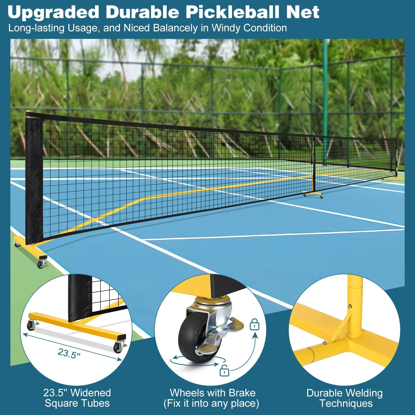 22ft Outdoor Portable Pickleball Net for Driveway Durable PE Knitted Net with Court Lines and 6 Wheels for Pickleballs factory