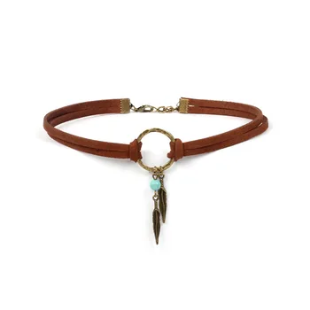 Fashion Jewelry Gift Choker Brown Leather Choker Necklace Antique Copper Color Feather Shape Charm Vintage Chain Necklace